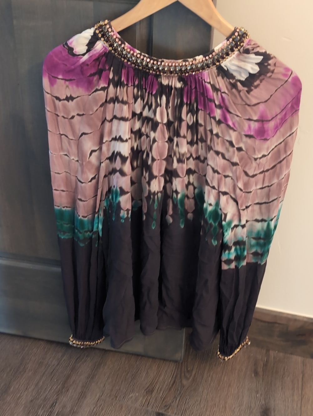 Beaded Neckline Tie-Dye Peasant Blouse Haute Hippie - Purple/Teal/Black